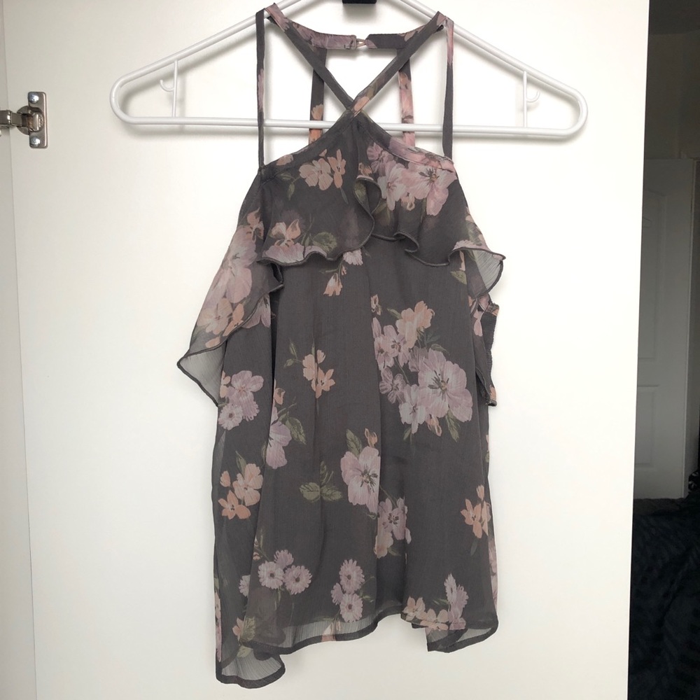 Hollister Gray Pink Floral Halter Top with Straps
